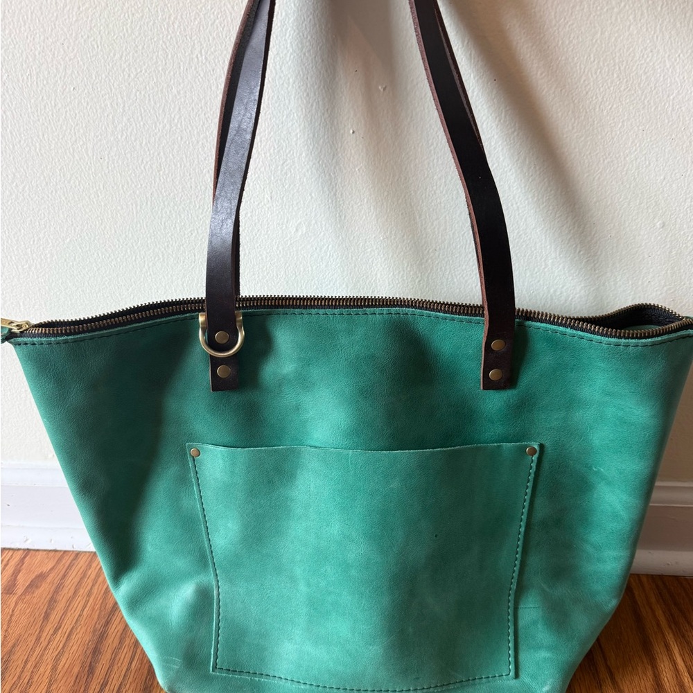 Portland Leather Green Zip Tote Bag with Brown Straps
